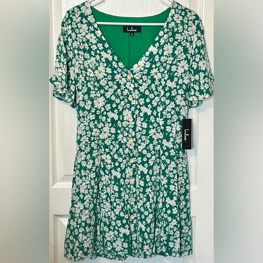 Lulus Magnolia Green Floral Print Button Front Mini Dress - Size M